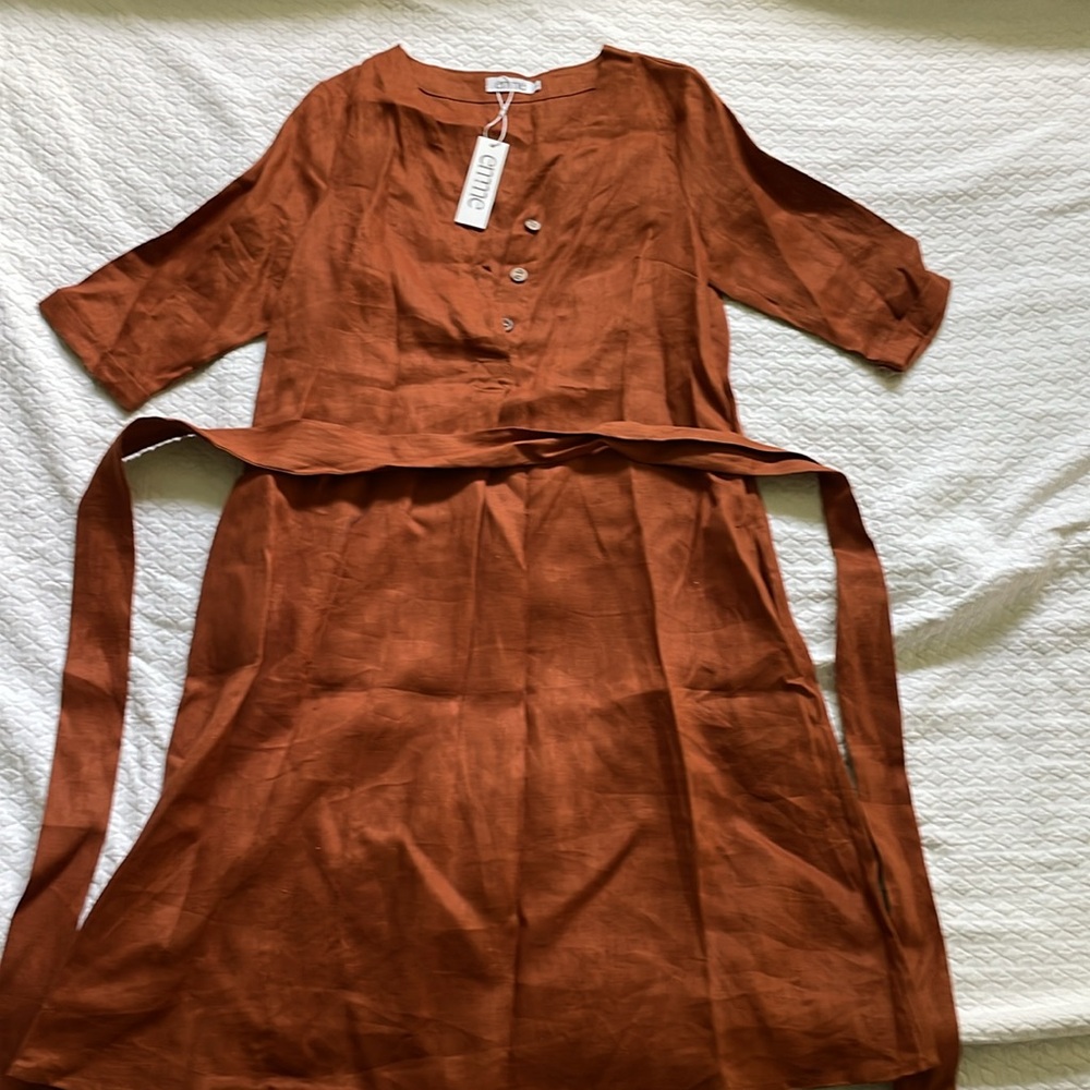 Emme Rust Orange Button-Down Linen Maternity Dress - image 3